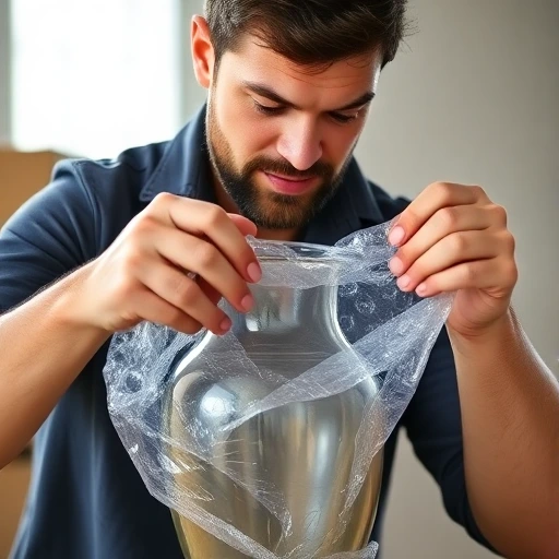 Umzugshelfer verpackt sorgfältig eine zerbrechliche Vase.