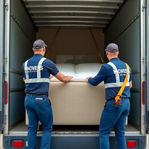 Zwei Zügelprofis laden ein Sofa professionell in einen LKW.