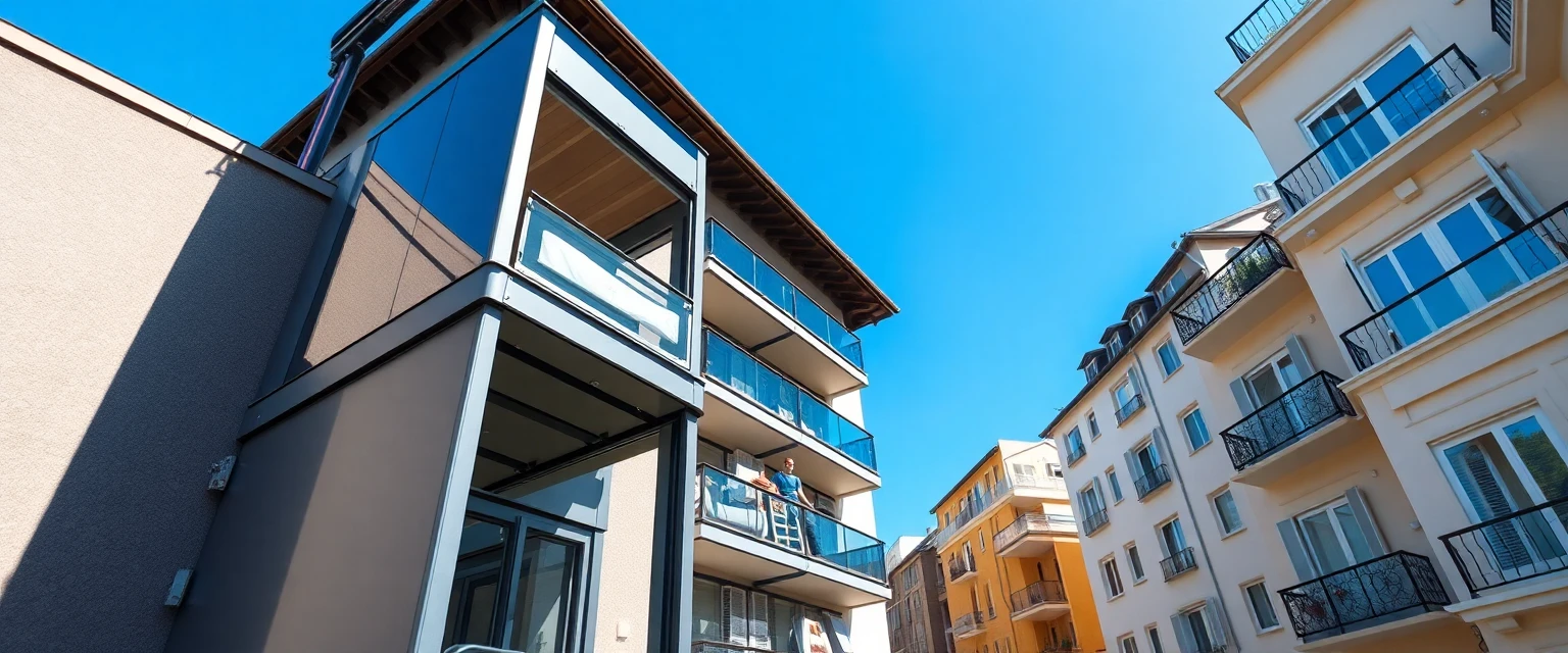 Ein moderner Umzugslift im Einsatz an einer sonnigen Fassade in der Schweiz.