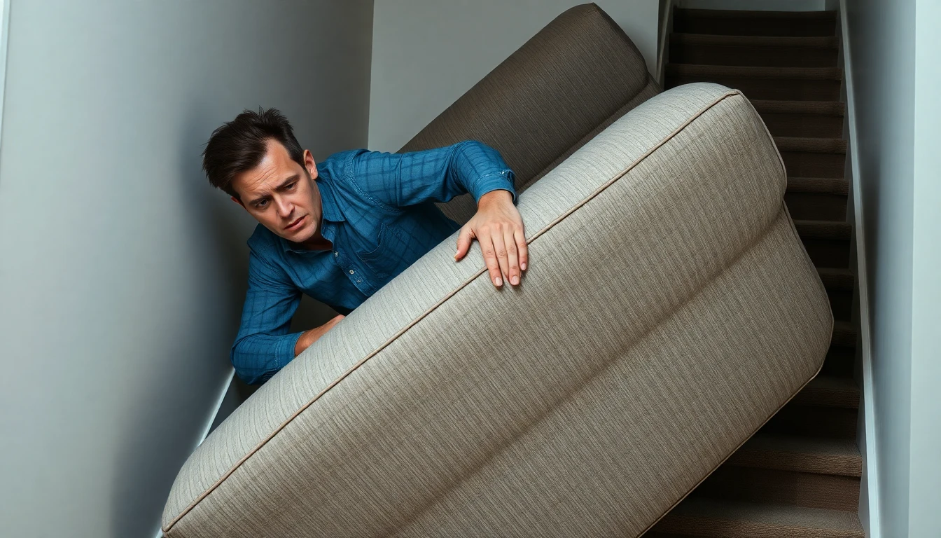 Gestresste Person kämpft mit einem Sofa in einem engen Treppenhaus.
