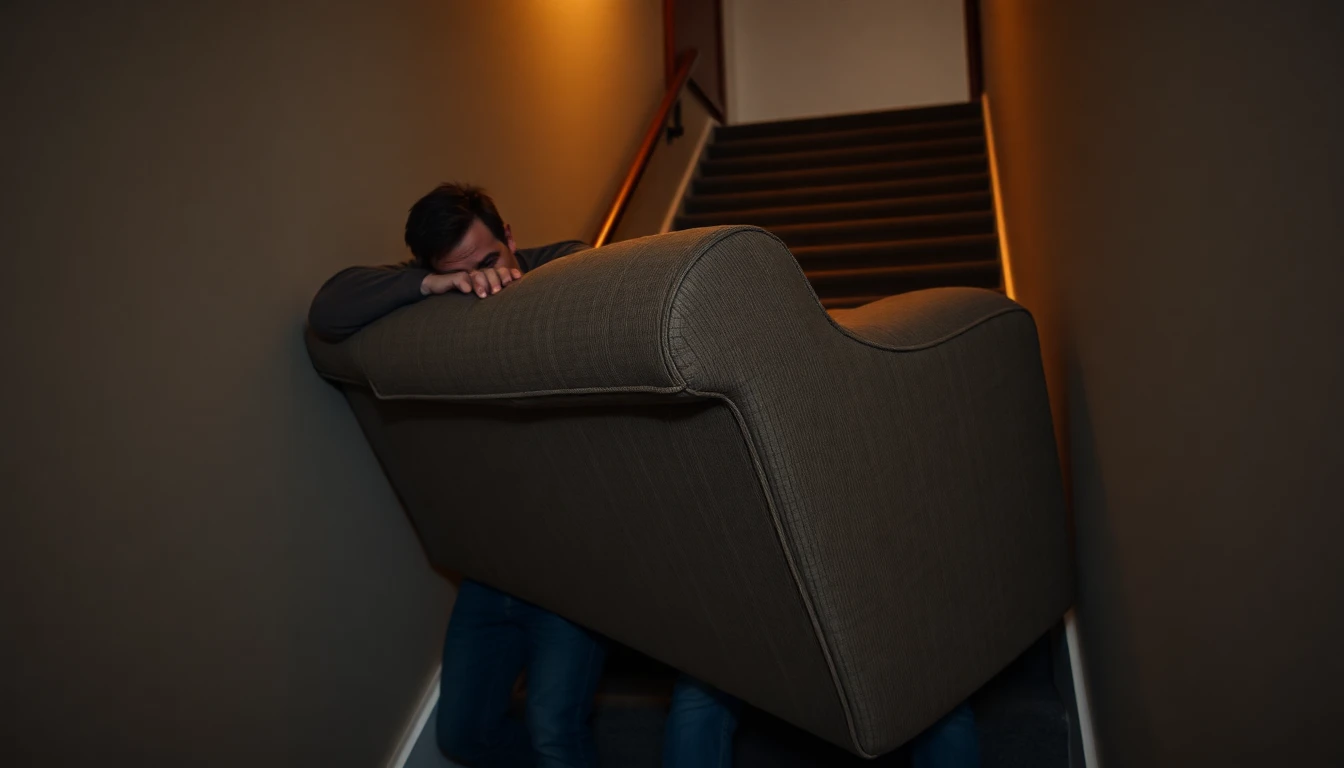 Zwei erschöpfte Personen kämpfen sich mit einem Sofa ein enges Treppenhaus hoch.