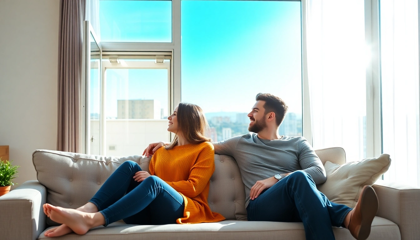 Glückliches Paar entspannt auf dem Sofa in der neuen Wohnung, während draussen der Umzugslift zu sehen ist.
