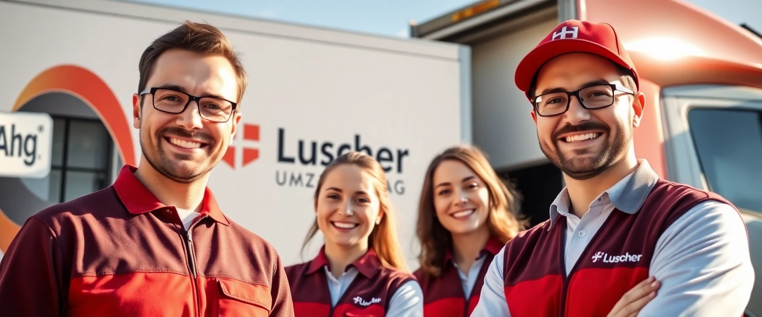 Das freundliche Team von Lüscher Umzug vor einem Zügelwagen.