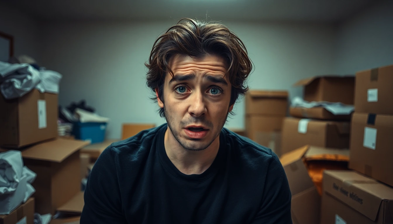 Gestresste Person inmitten von Umzugskartons.