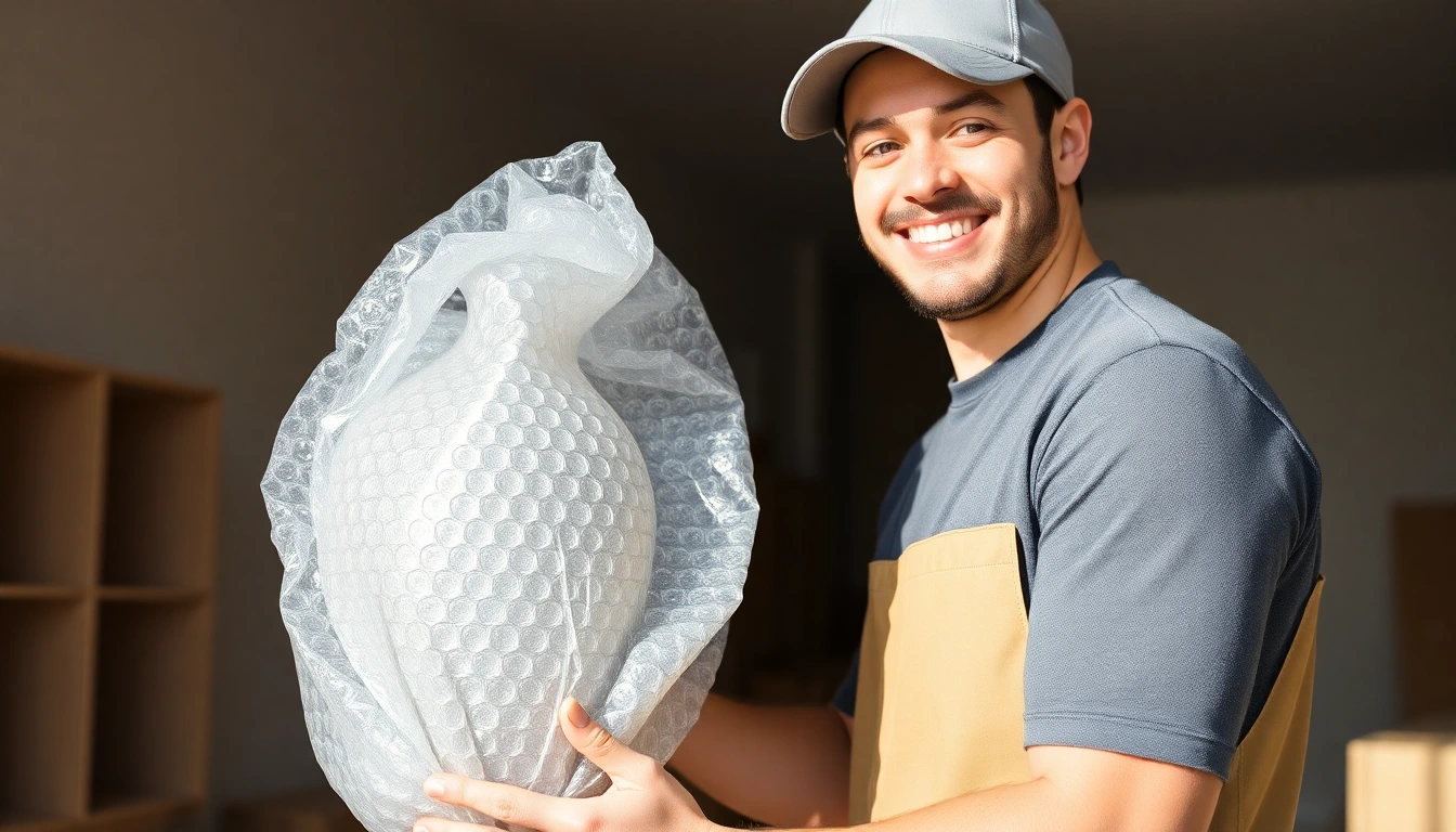 Ein Mitarbeiter von Lüscher Umzug verpackt sorgfältig eine Vase.