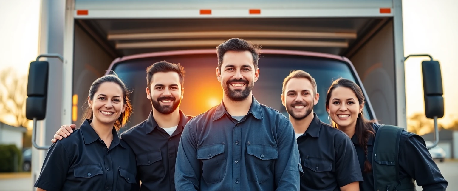 Das freundliche Team von Lüscher Umzug vor einem Zügelwagen bei Sonnenuntergang.