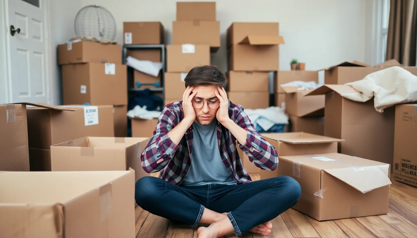 Gestresste Person umgeben von Umzugskartons.