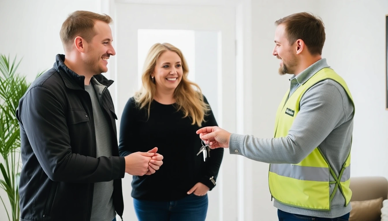 Zufriedenes Paar erhält Schlüssel von einem Lüscher Umzug Mitarbeiter.