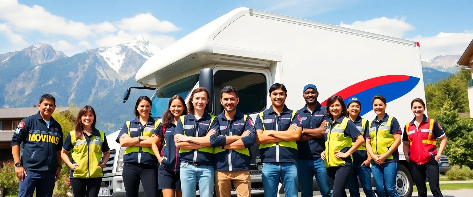 Freundliches Team von Lüscher Umzug AG vor einem Zügelwagen in der Schweiz