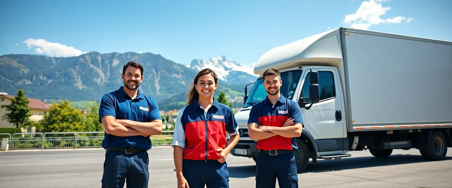 Das Team von Lüscher Umzug vor einem Zügelwagen in Zug