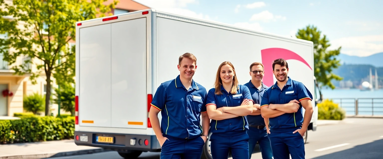 Das freundliche Team von Lüscher Umzug vor einem Zügelwagen in Zürich