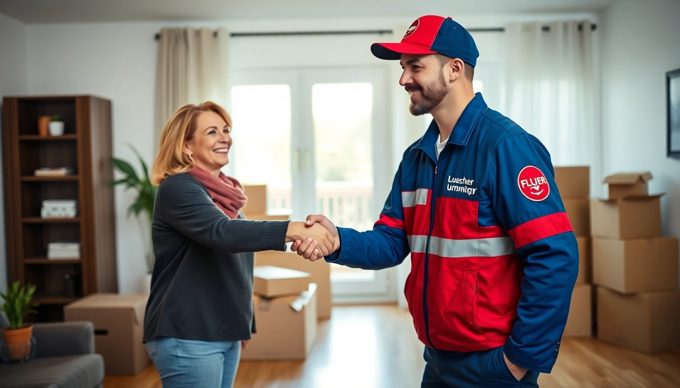 Zufriedener Kunde bedankt sich bei einem Mitarbeiter der Zügelfirma Lüscher nach einem erfolgreichen Umzug.
