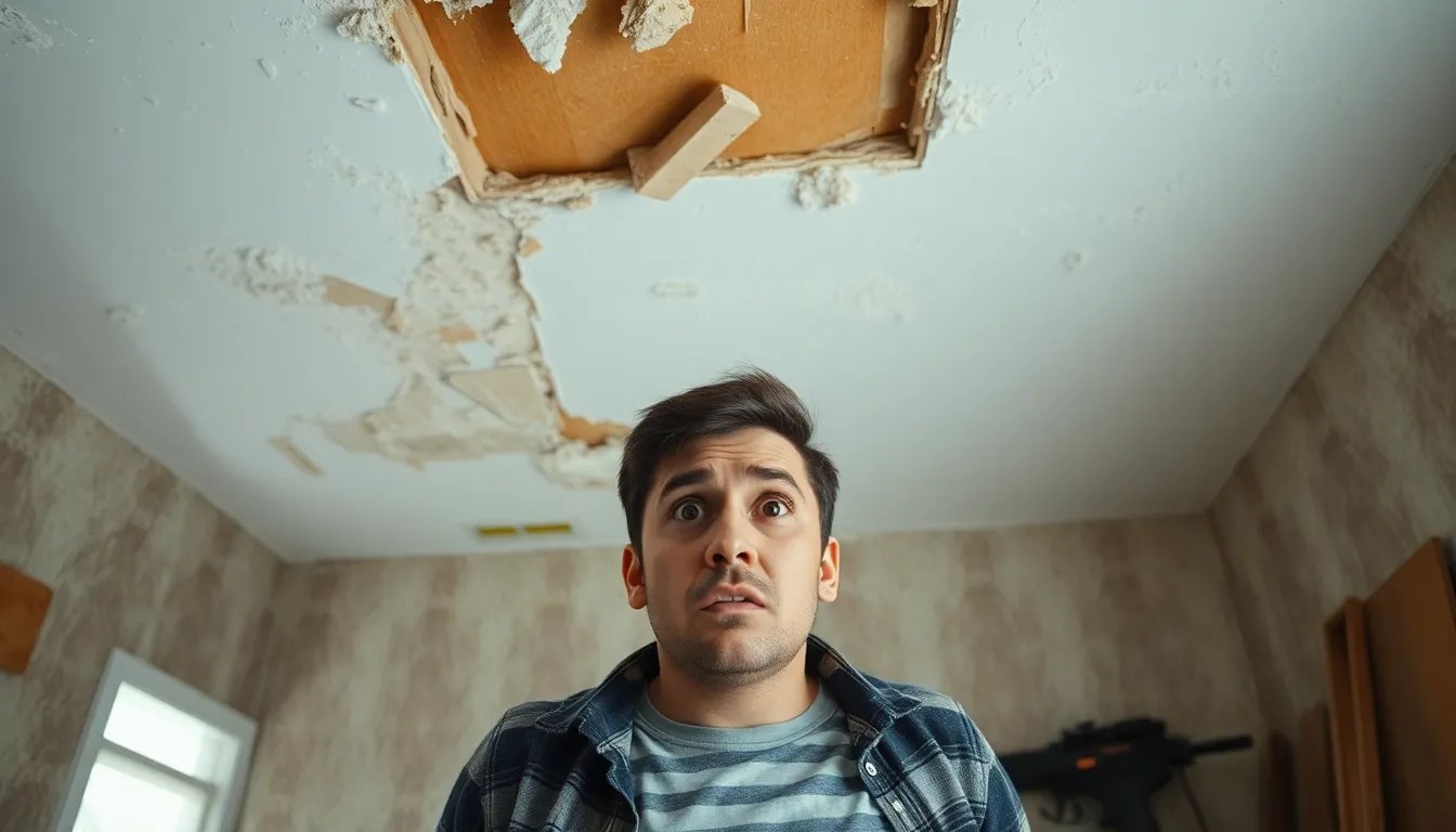 Überforderte Person bei der Deckenentfernung