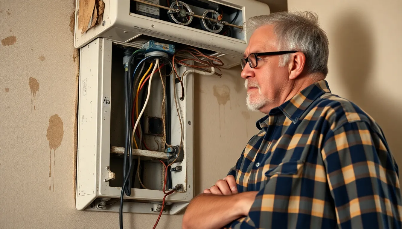 Frustrierter Hausbesitzer vor defekter Klimaanlage