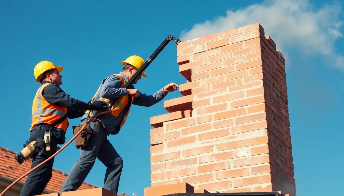 Professionelles Team bei der sicheren Demontage eines Schornsteins