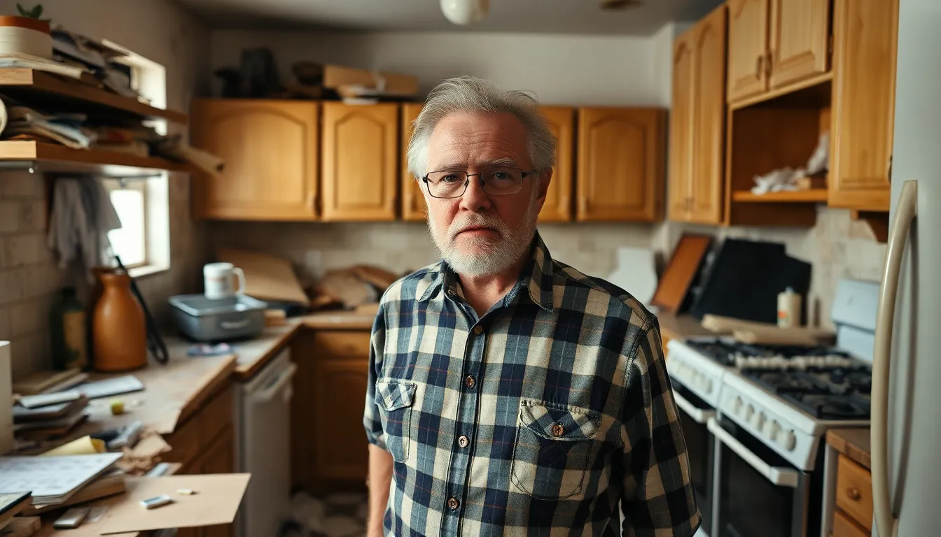 Gestresster Hausbesitzer in einer unordentlichen Küche