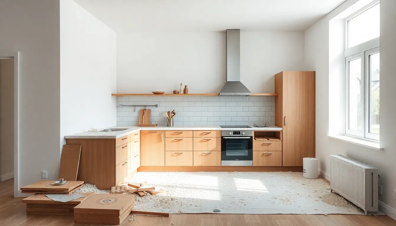 Sauberer, leerer Küchenraum nach professionellem Rückbau