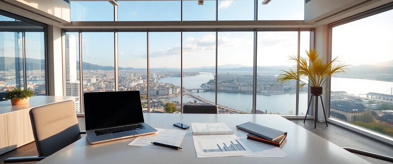 Professioneller Arbeitsplatz für einen Buchhalter in Zürich mit Blick auf die Stadt