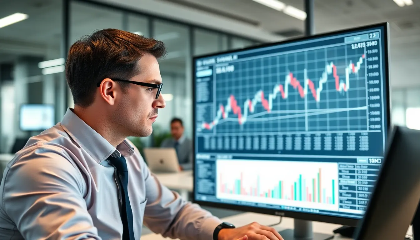 Ein moderner Buchhalter analysiert Finanzdaten auf einem digitalen Bildschirm.