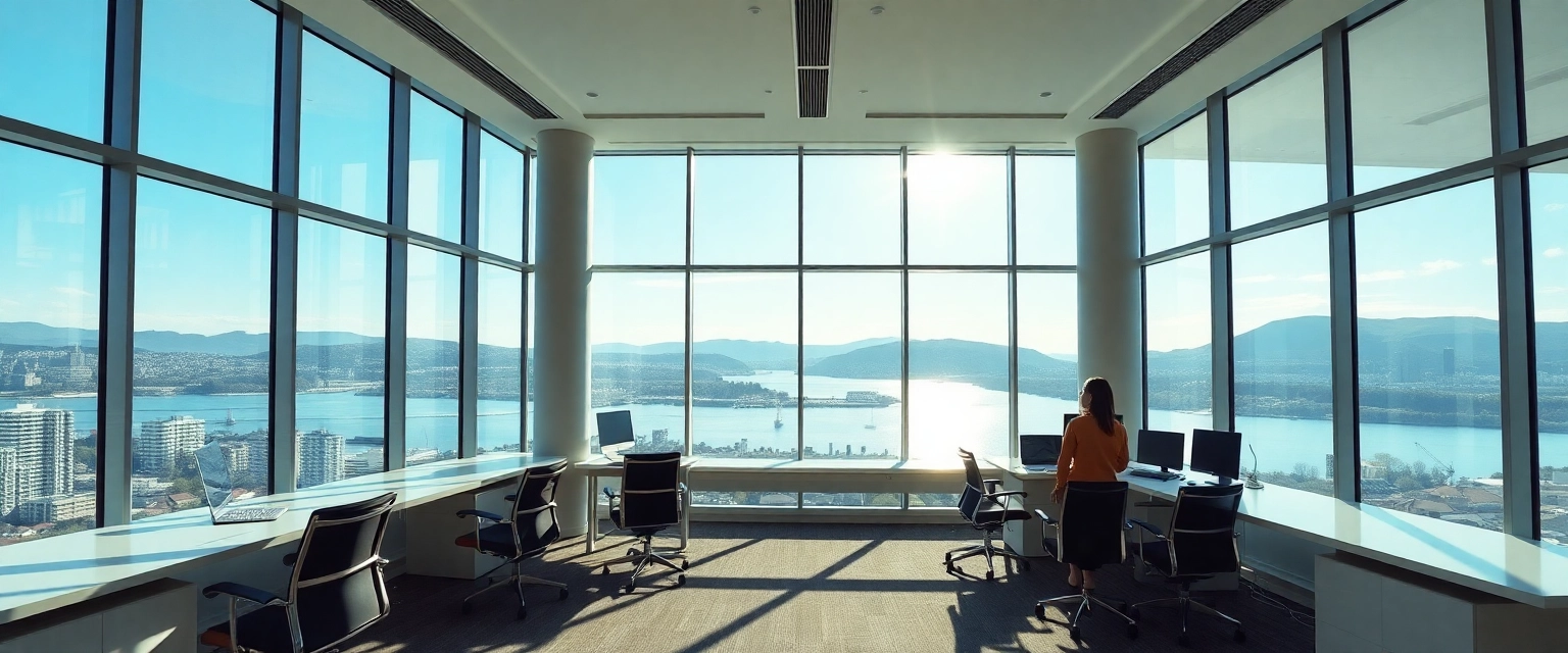 Panorama eines modernen Büros mit Blick auf die Skyline von Zürich, das den idealen Buchhalter Job repräsentiert.