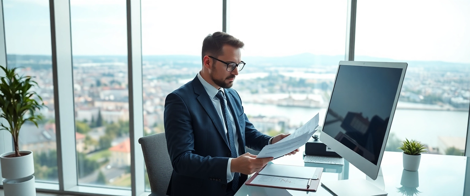 Blick auf Zürich von einem modernen Büro aus, wo ein Buchhalter Finanzdokumente prüft
