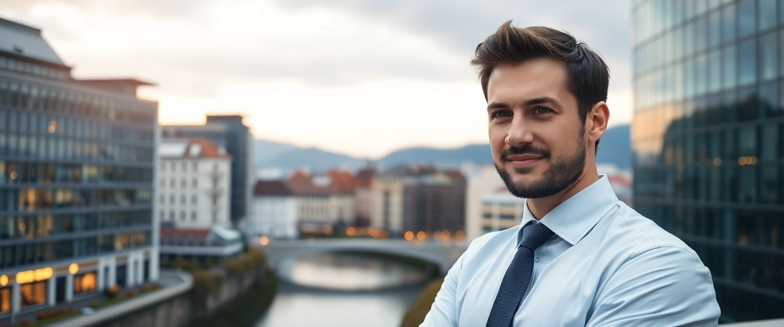Finanzbuchhalterin blickt selbstbewusst auf Zürichs Skyline, symbolisiert Karriereerfolg