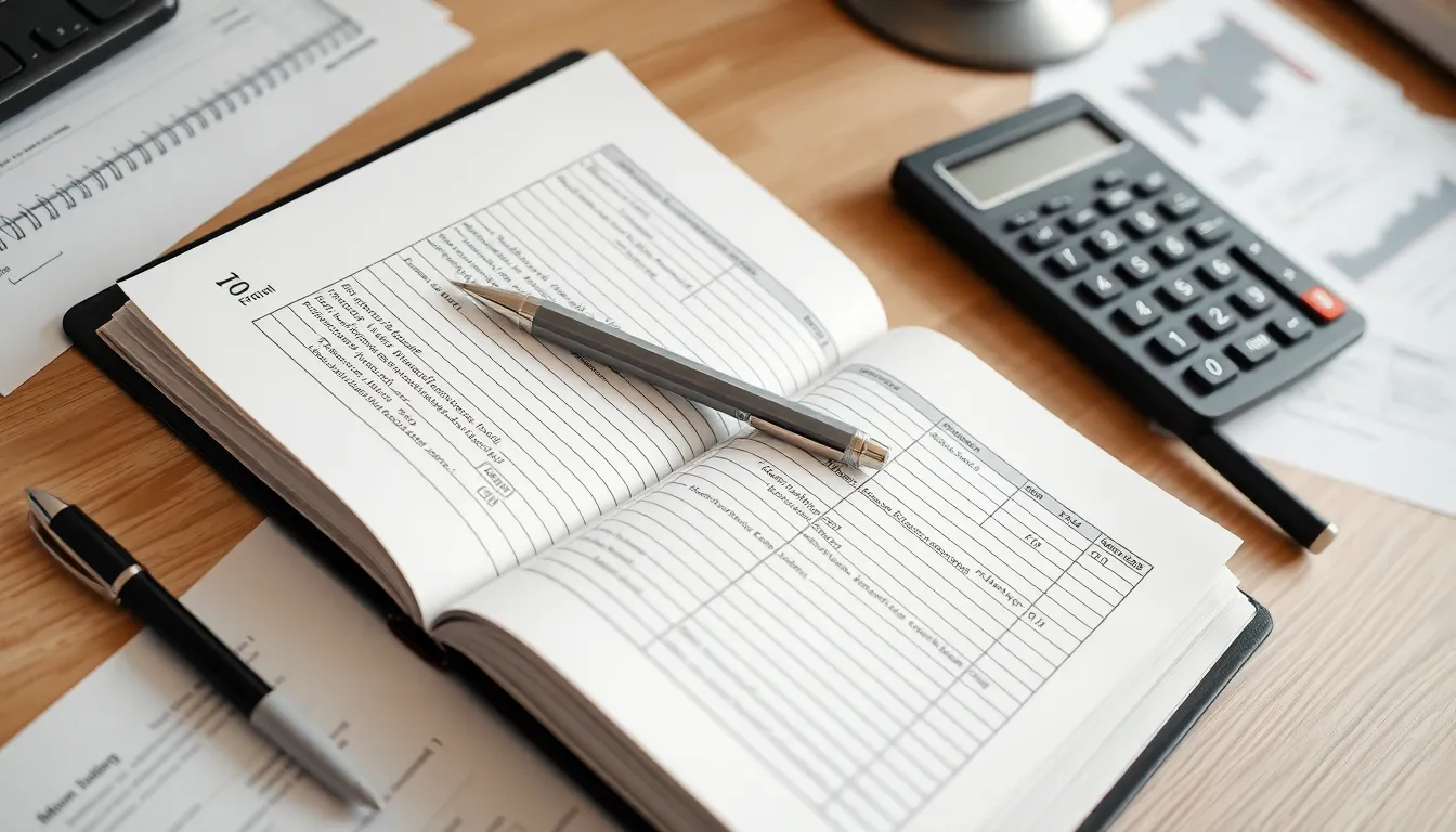 Offenes Hauptbuch mit Taschenrechner und Stift, symbolisiert Finanzbuchhaltung