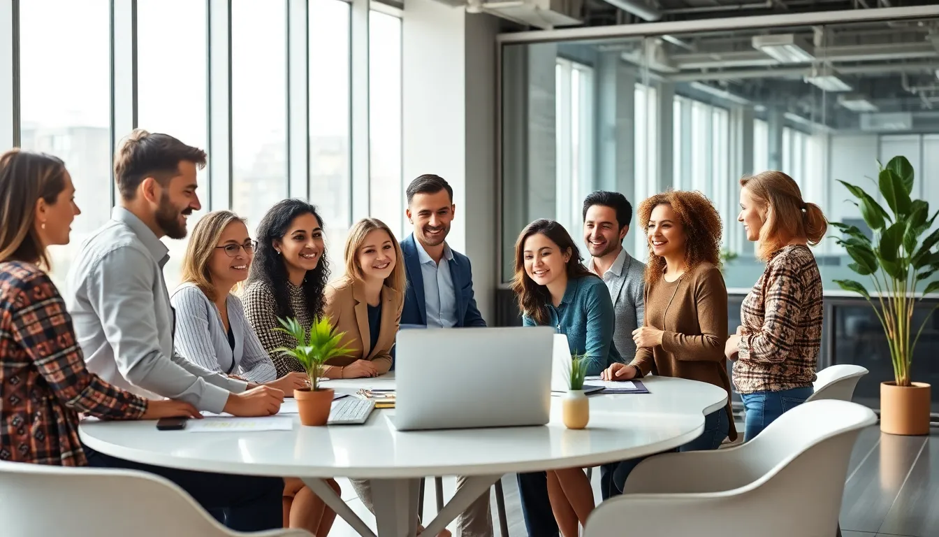 Modernes Büro mit Teamarbeit, symbolisiert Karrierewachstum und positive Arbeitsumgebung
