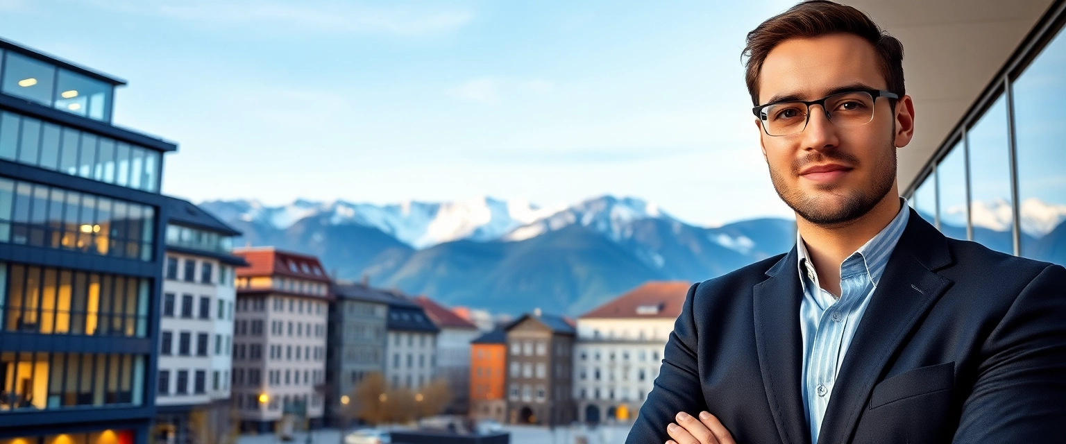 Blick auf Zürich mit einem professionellen Buchhalter im Vordergrund, der über seine Karriere nachdenkt