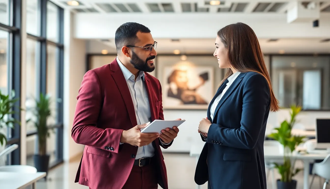 Zwei Fachkräfte besprechen Karrierewege in einem modernen Büro