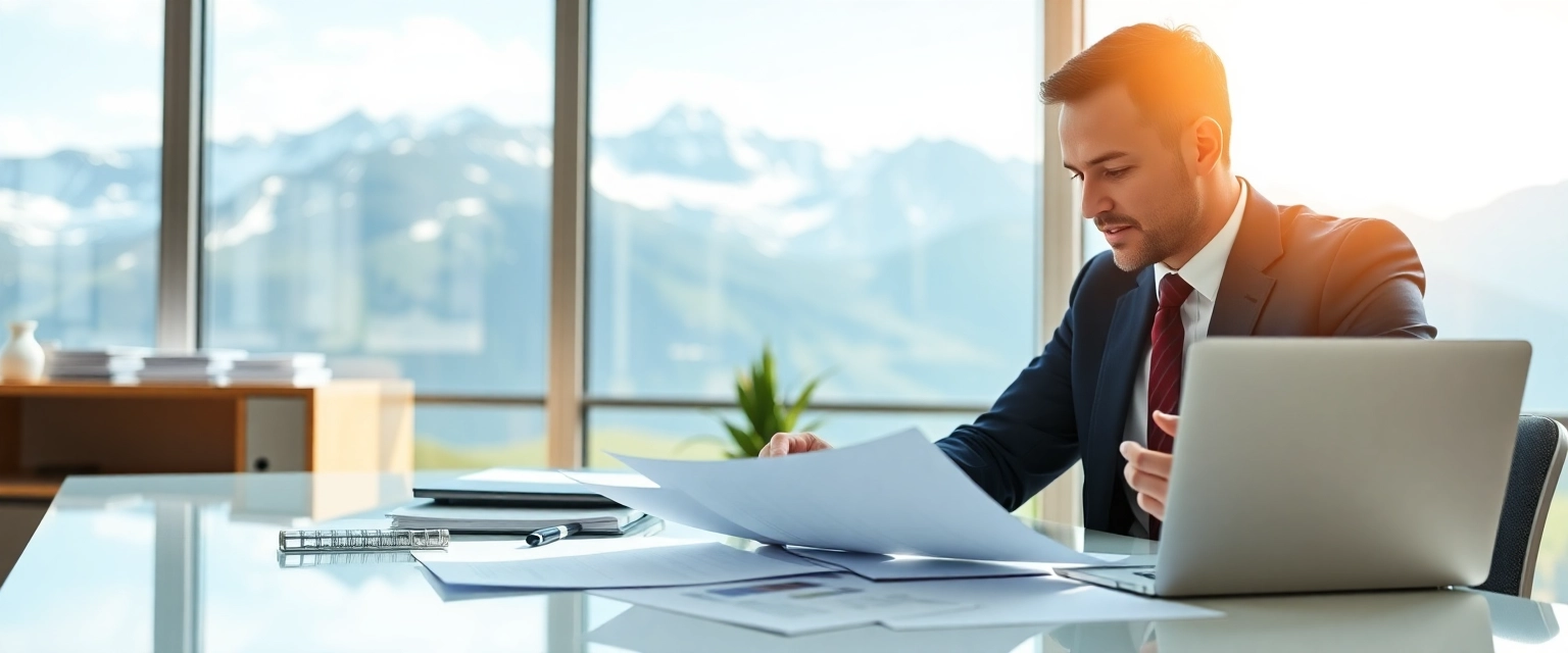 Finanzbuchhalter bei der Arbeit vor Schweizer Alpenkulisse