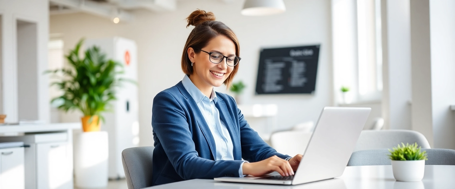 Moderne Büroumgebung mit lächelnder Person am Laptop, die flexible Teilzeit-Buchhaltungsarbeit in der Schweiz symbolisiert.