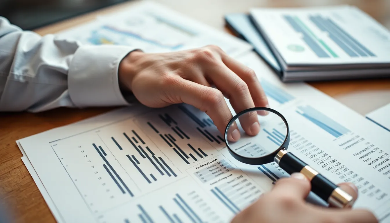 Nahaufnahme eines Finanzbuchs oder einer Person, die Finanzberichte analysiert, als Symbol für Präzision in der Buchhaltung in der Schweiz.