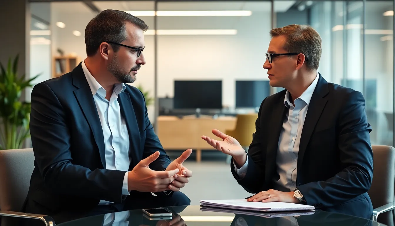 Zwei Fachleute in vertraulicher Diskussion im modernen Büro, symbolisiert Karriereberatung in der Schweiz.