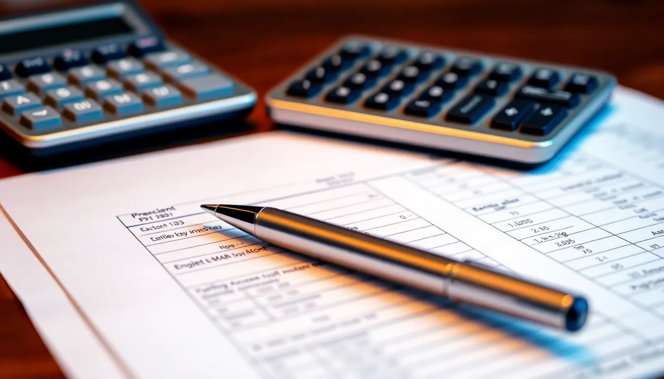 Detailliertes Hauptbuch und Finanzdokumente mit Taschenrechner und Stift