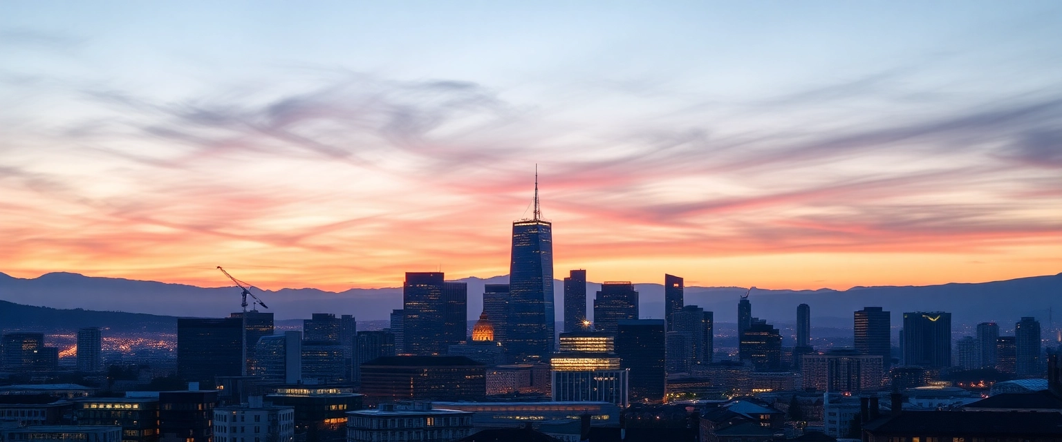 Skyline Zürich mit modernen Bürogebäuden bei Sonnenuntergang