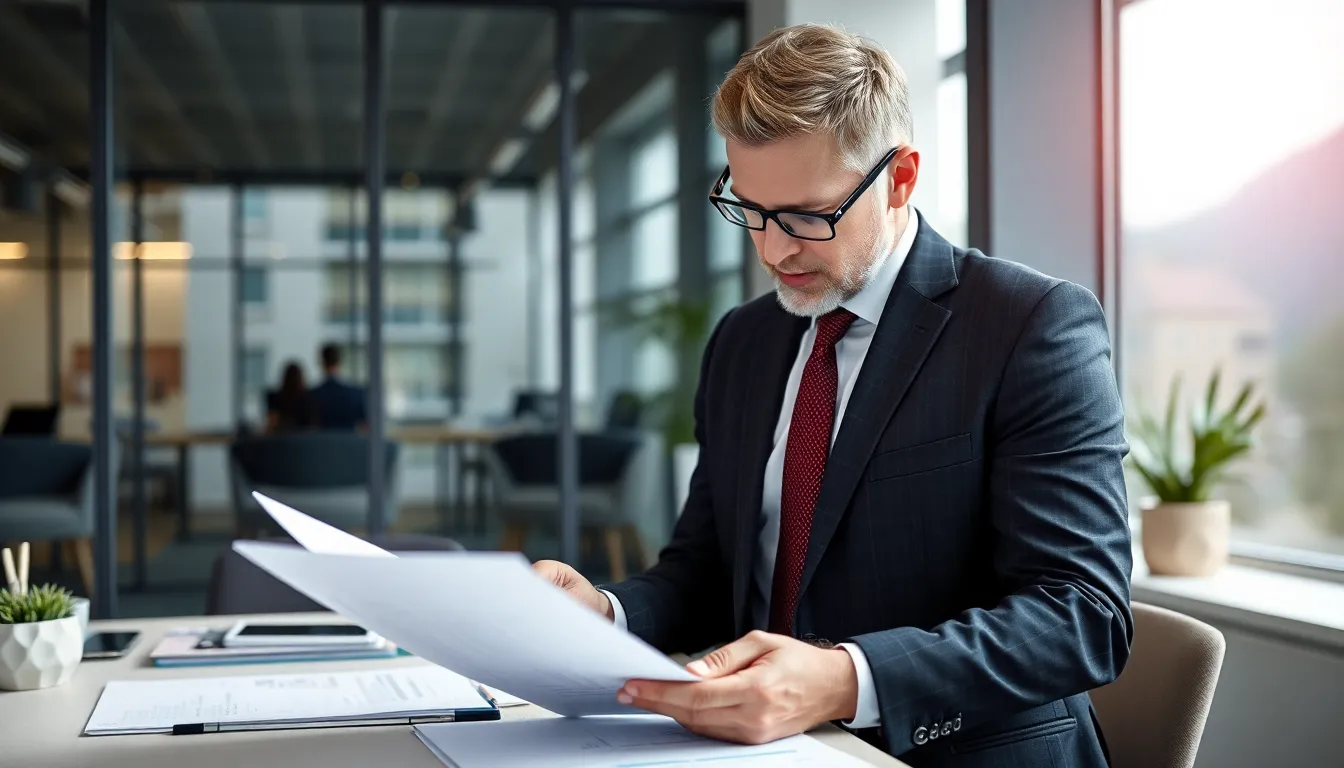 Fachperson prüft Finanzdokumente im Treuhandbüro