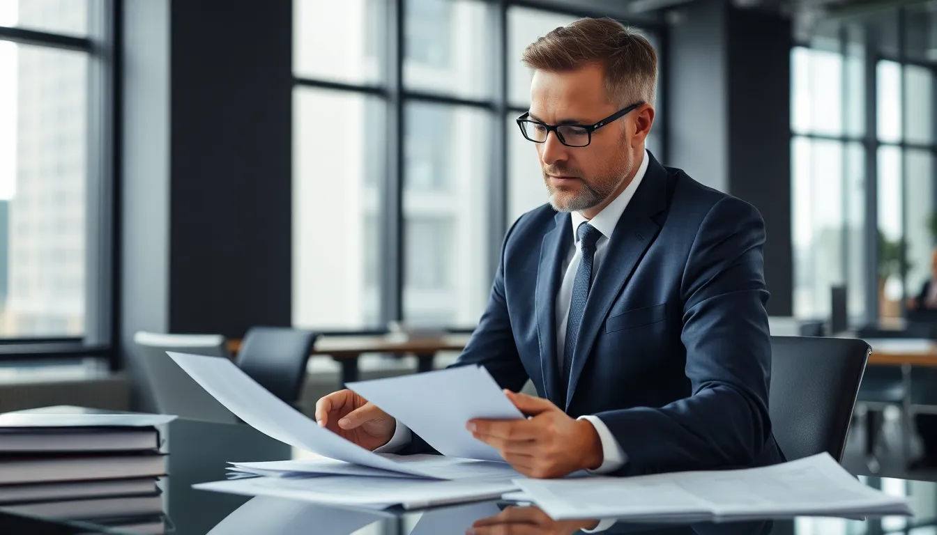 Fokus auf die Arbeit: Ein Treuhänder analysiert Finanzdokumente in einem modernen Büro, symbolisiert Expertise in der Jobvermittlung Treuhänder