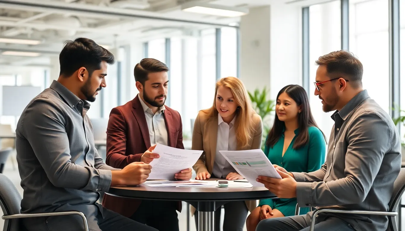 Finanzexperten im Gespräch, symbolisiert Karrierewege und Zusammenarbeit im Treuhandbereich, wichtig für die Jobvermittlung Treuhänder