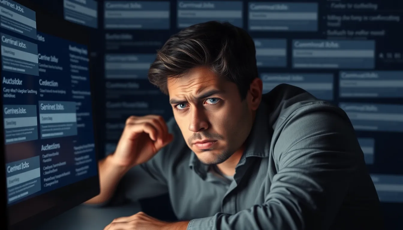 Gestresste Person vor einem Bildschirm mit generischen Stellenanzeigen, symbolisiert Frustration bei der Jobsuche
