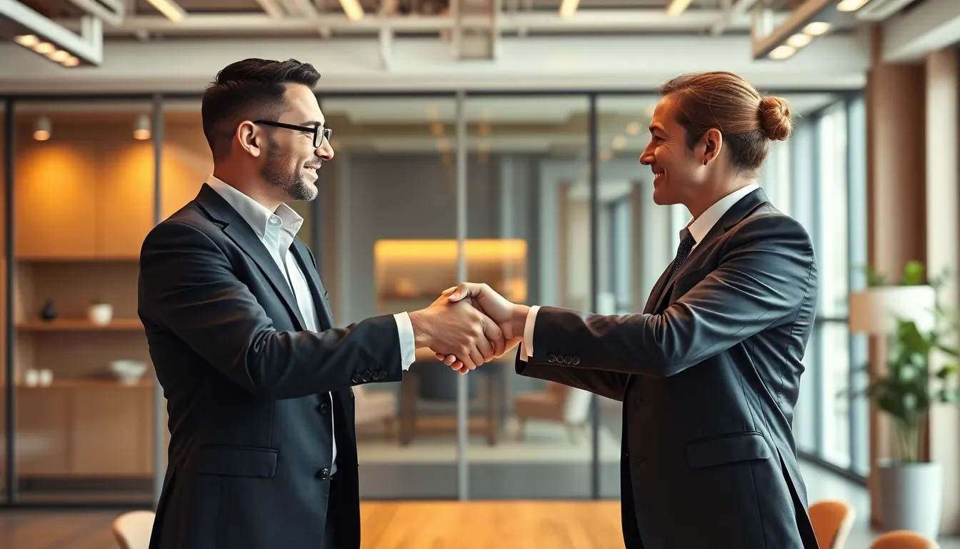 Professioneller Händedruck zwischen Recruiter und Kandidat im modernen Büro, symbolisiert erfolgreiche Jobvermittlung
