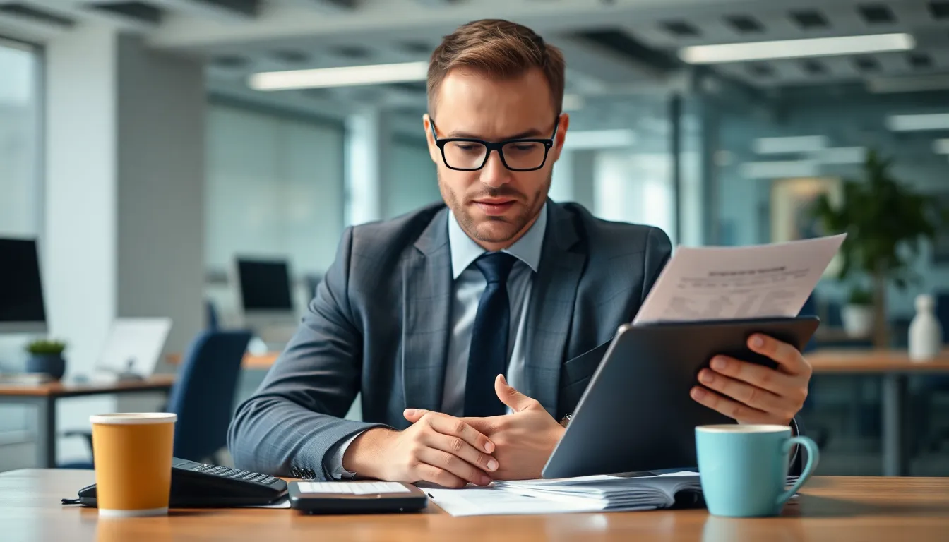 Lohnbuchhalter bei der Arbeit, prüft Finanzdokumente