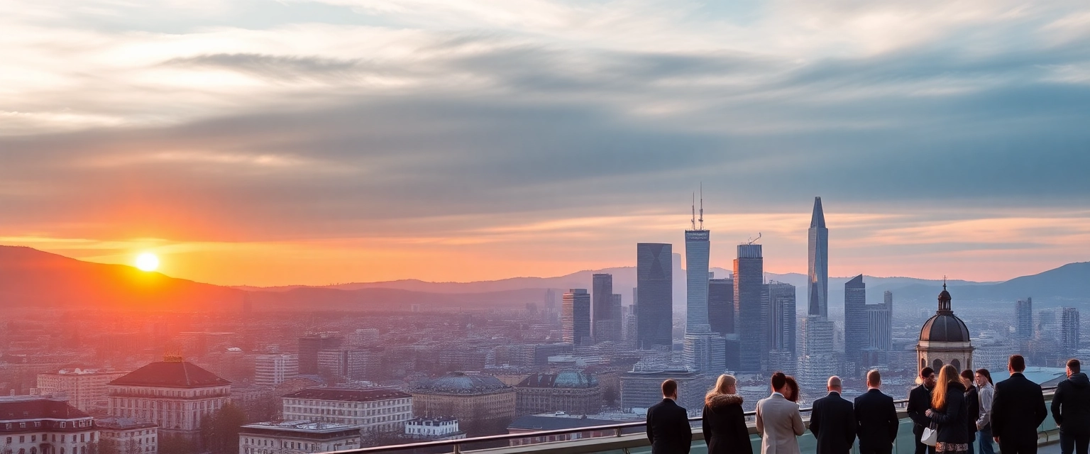 Moderne Schweizer Finanzmetropole bei Sonnenuntergang, beleuchtete Bürogebäude