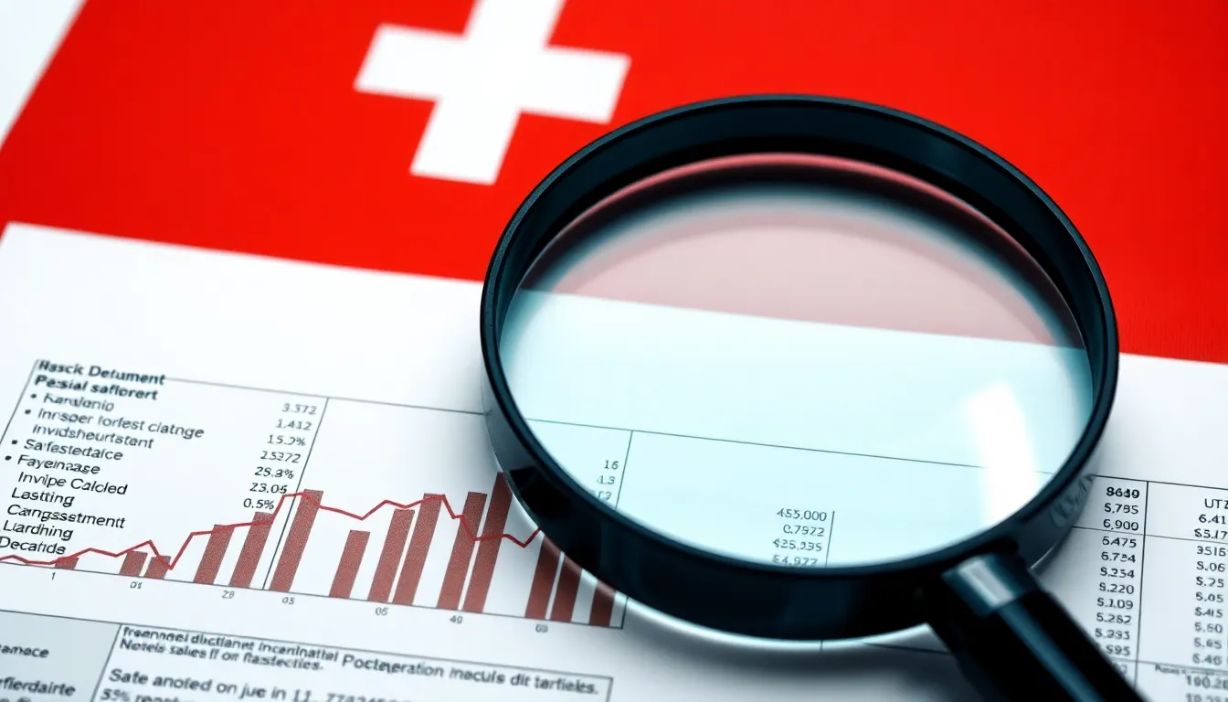 Vergrösserungsglas über einem Schweizer Finanzbericht mit Schweizer Flagge im Hintergrund