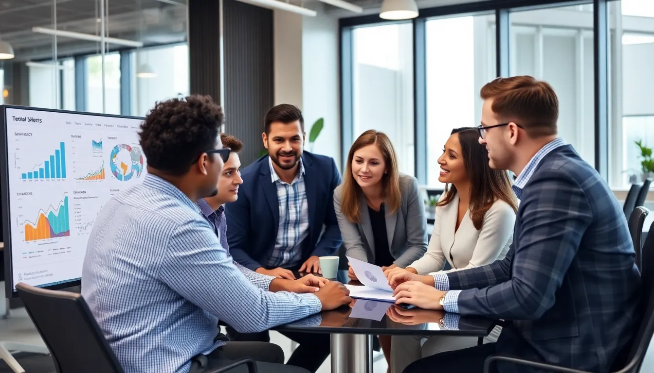 Modernes Büro mit kollaborierendem Team, das Finanzdaten auf Bildschirmen analysiert