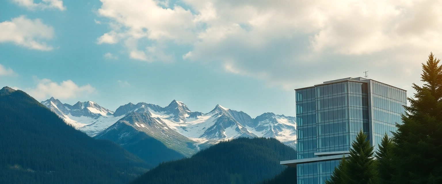Majestätische Schweizer Berge und ein modernes Bürogebäude, Symbol für Karrierewachstum im Treuhand