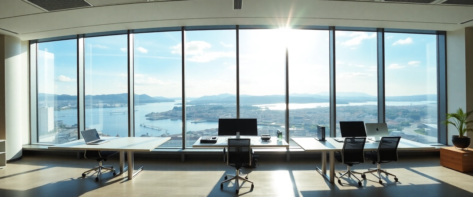 Moderne Bürolandschaft in der Schweiz mit Blick auf die Stadt, ideal für Rechnungswesen Jobs