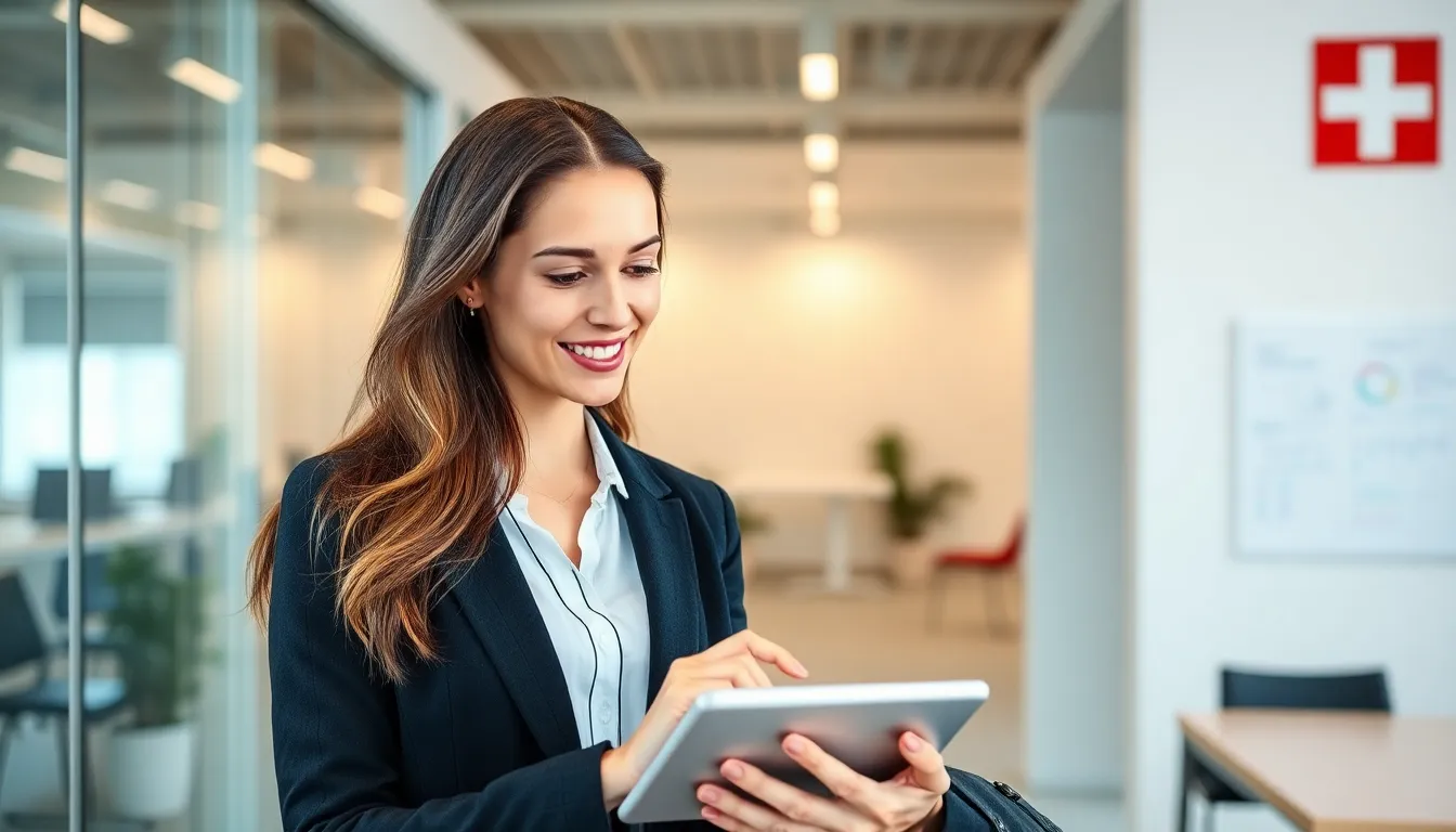 Frau in einem Schweizer Büro, Tablet nutzend