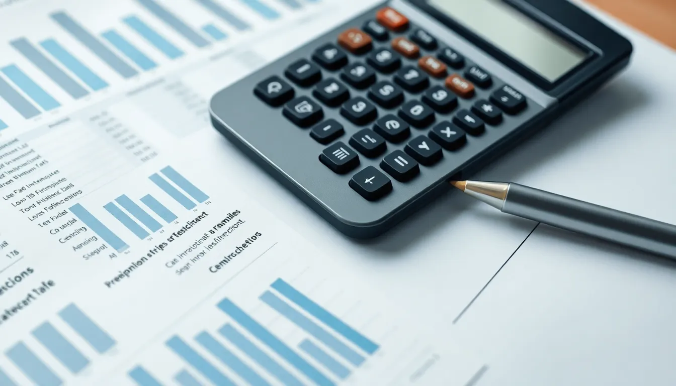 Finanzdokumente, Taschenrechner und Stift auf einem Schreibtisch, symbolisch für die Arbeit eines Sachbearbeiters Treuhand