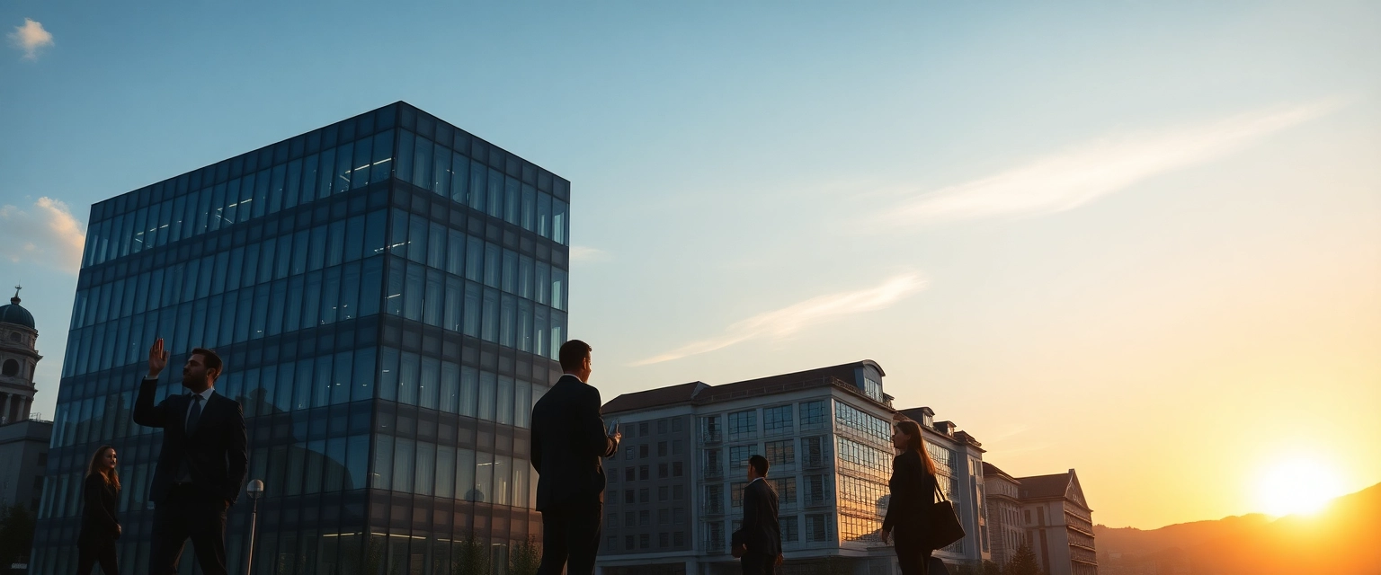Blick auf Zürichs Finanzviertel bei Sonnenuntergang, professionelle Silhouetten